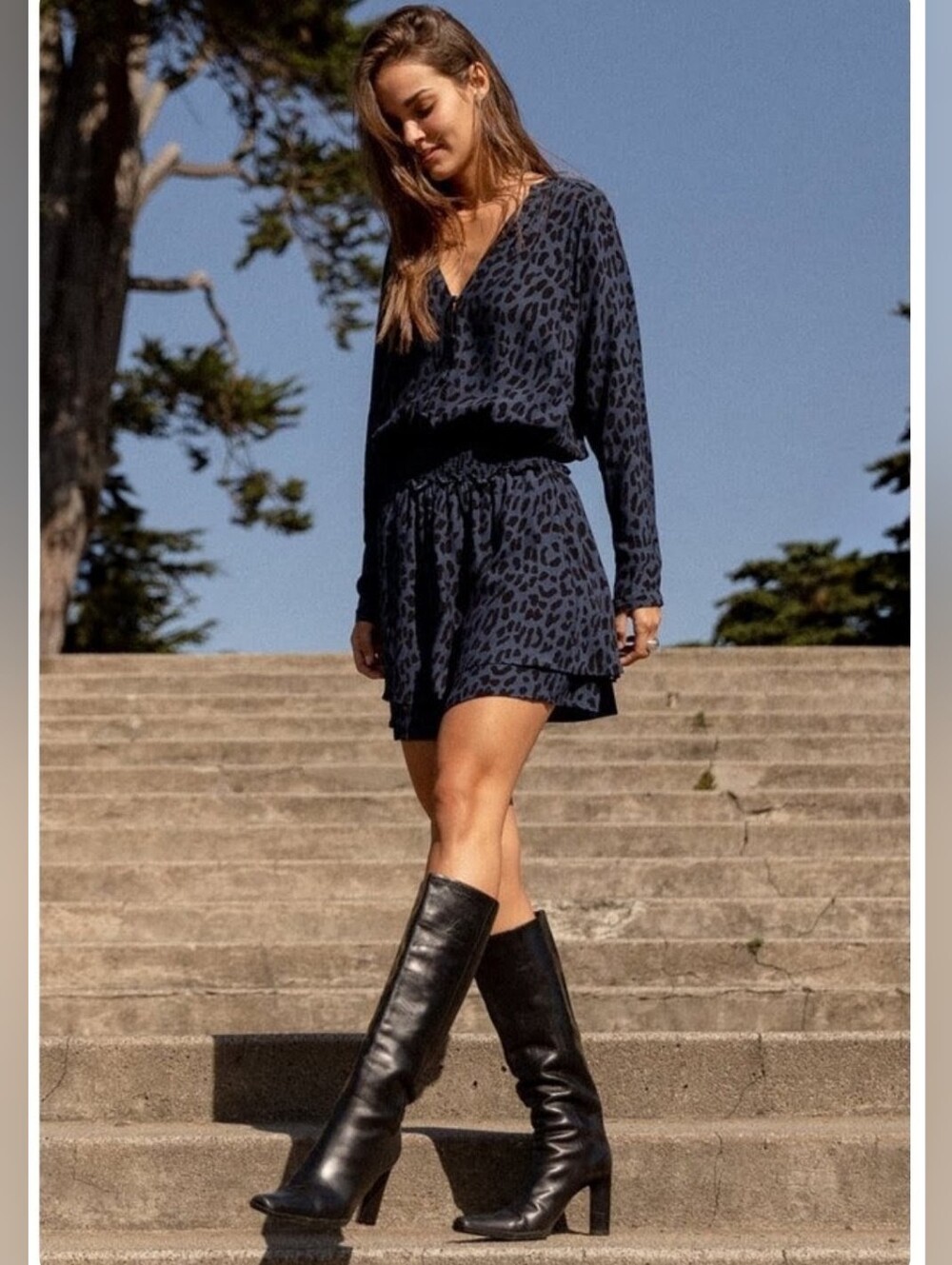 Rails Jasmine Azure Leopard Smocked Long Sleeve Dress XS Grey Blue